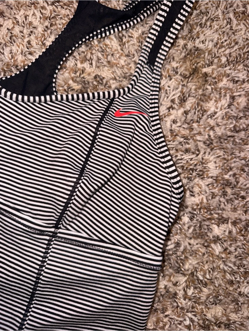 Vintage Nike Black & White Striped Racerback Tankini Top with Subtle Red Logo